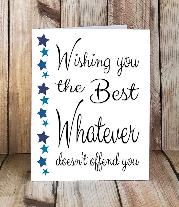 Rude Christmas card with stars, saying "Wishing you the best whatever doesn't offend you" in bold handwriting font.