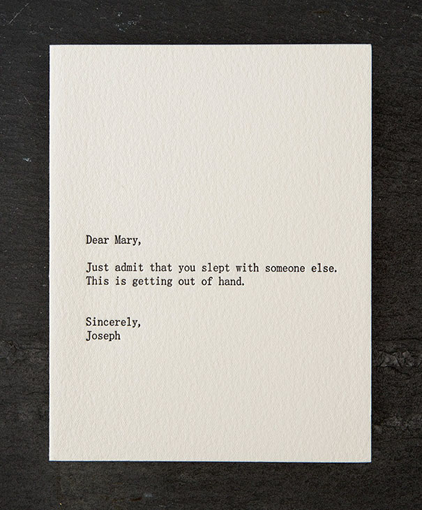 Rude Christmas card with humorous and sarcastic message in black typewriter font on white paper.