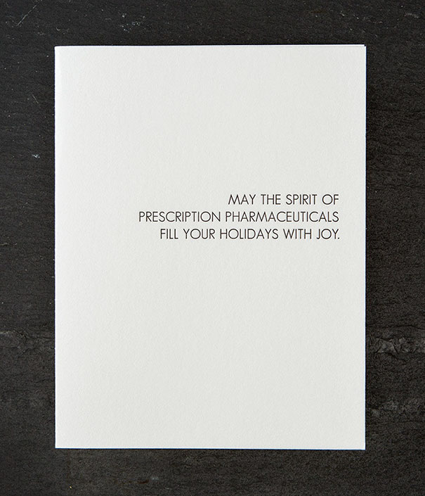 Rude Christmas card with text about prescription pharmaceuticals bringing holiday joy.