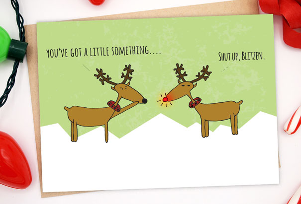 Rude Christmas card with cartoon reindeer exchanging sarcastic remarks, showcasing twisted humour.