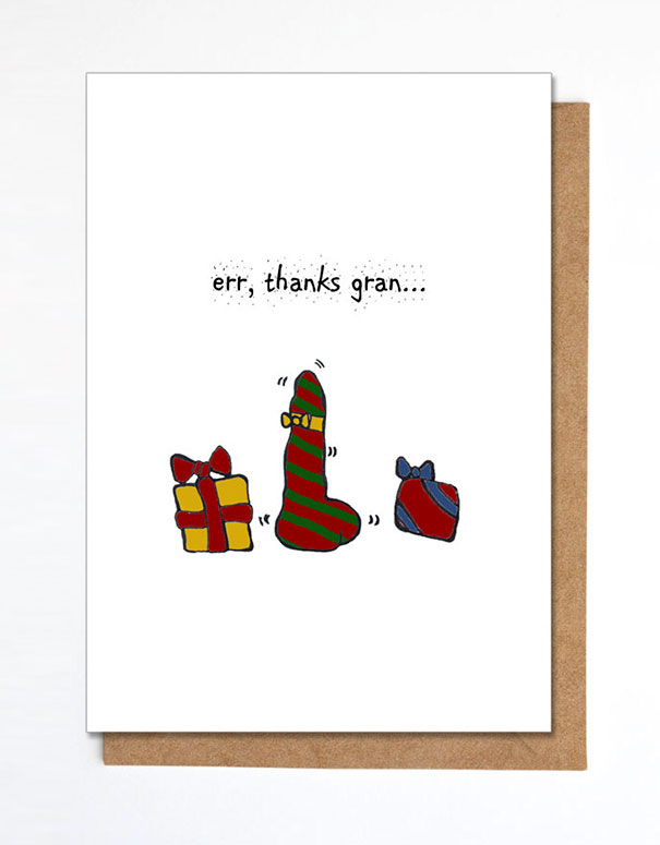 Rude Christmas card with humor showing a wrapped phallic gift and the text "err, thanks gran."