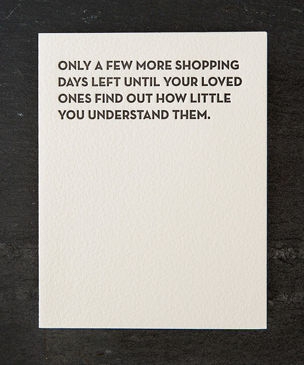 Rude Christmas card with witty message about gift-shopping for loved ones.
