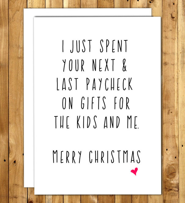 Rude Christmas card with a funny message about spending paychecks on holiday gifts.