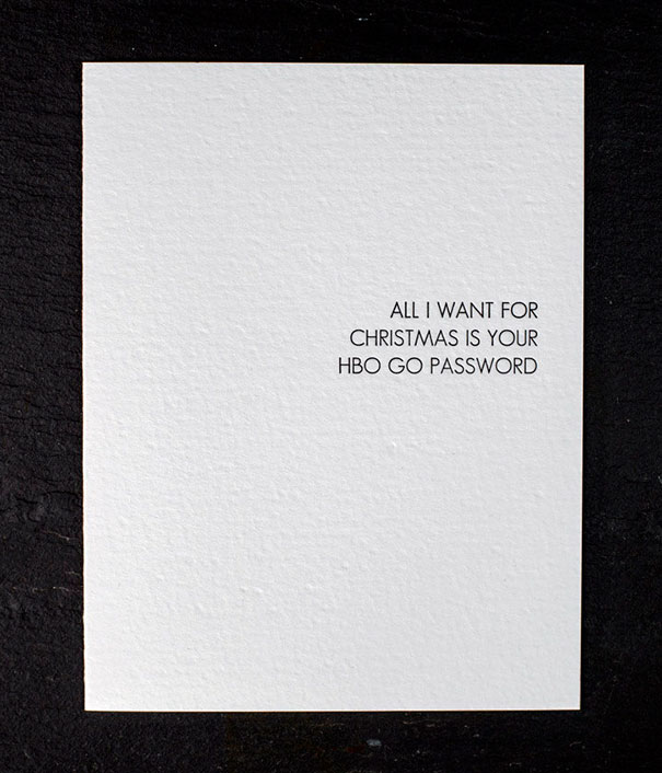 Rude Christmas card with text: "All I want for Christmas is your HBO GO password."