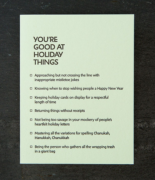 Rude Christmas card with humorous checklist about holiday etiquette.