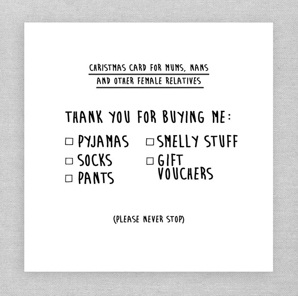 Rude Christmas card with a list of humorous gift preferences for mums and nans.