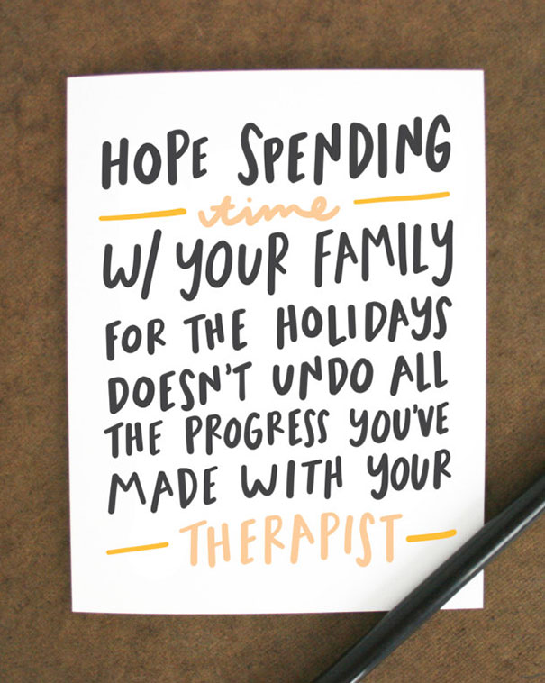 Rude Christmas card with a funny message about family and therapy, showcasing a twisted sense of humour.