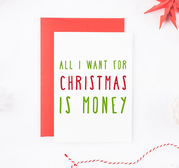 Rude Christmas card with "All I want for Christmas is money" in bold text, featuring a red envelope.