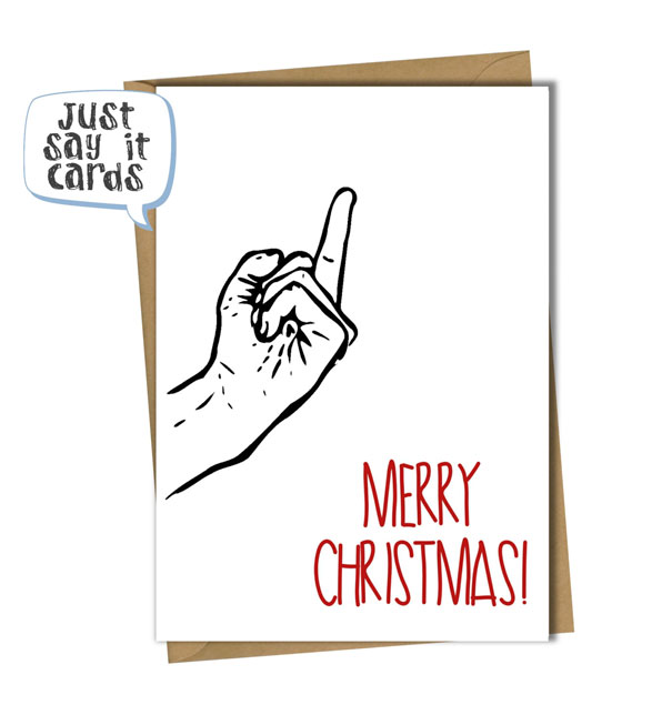 Rude Christmas card with a hand-drawn middle finger and "Merry Christmas!" in bold red text.