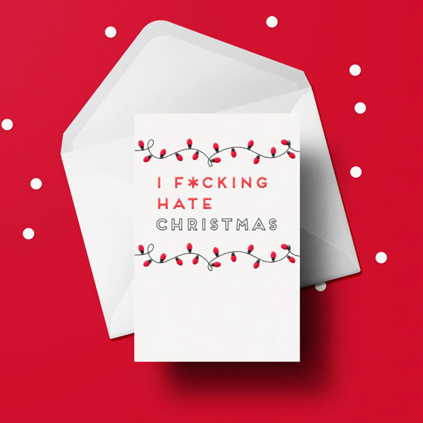 Rude Christmas card with festive lights, displaying a cheeky message on a red background.