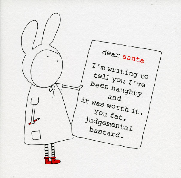 Funny Christmas card with a bunny holding a naughty letter to Santa.