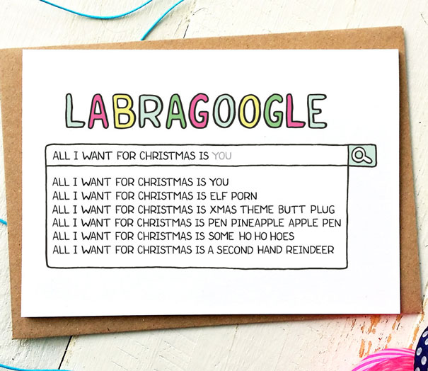 Rude Christmas card with humorous search results in LABRAGOOGLE design.