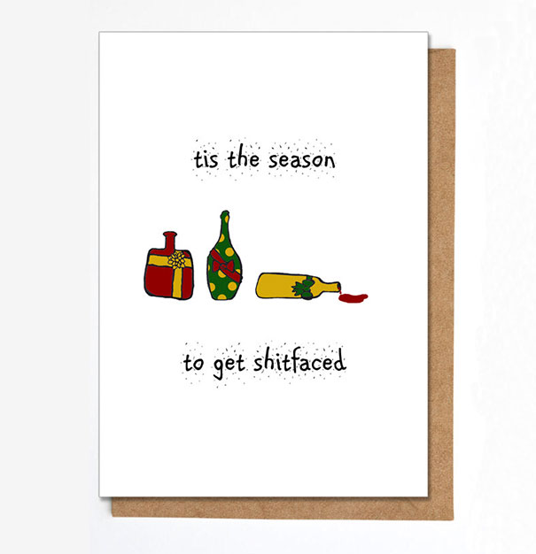 Christmas card with bottles and text humorously suggesting festive drinking.