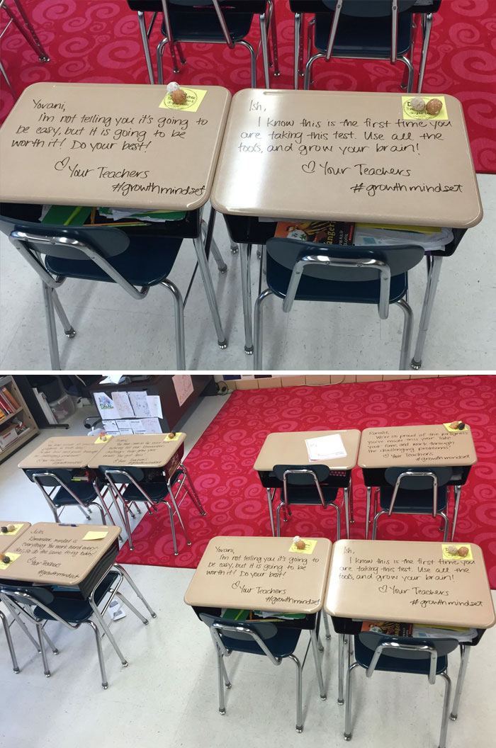 Teacher Writes Personalized Messages On Each Student's Desk To Motivate Them Before Tests