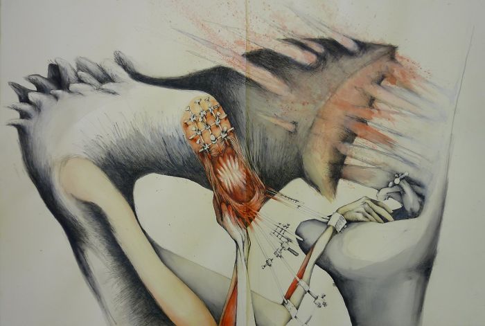 Surreal artwork illustrating depression with abstract, intertwined figures expressing emotional turmoil.