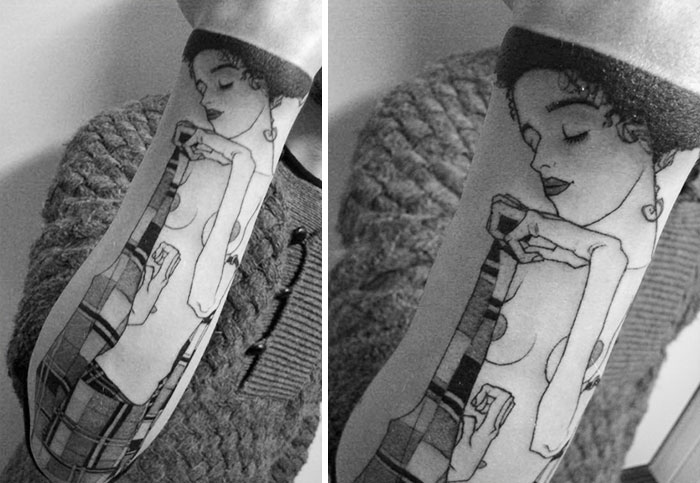 Black and white Gustav Klimt tattoo on forearm, showcasing artistic style.