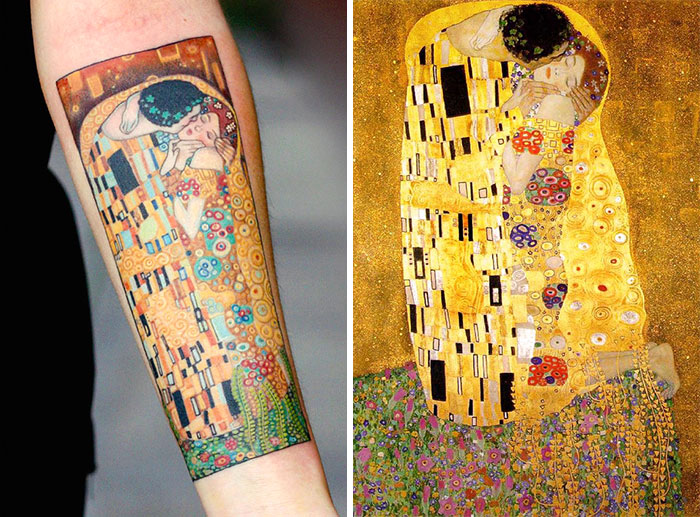 Gustav Klimt tattoo on forearm inspired by "The Kiss" painting, showcasing artistic style.