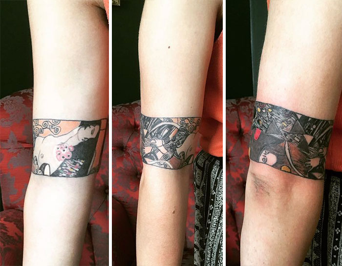Gustav Klimt tattoo designs on forearm, featuring artistic patterns and vibrant colors.