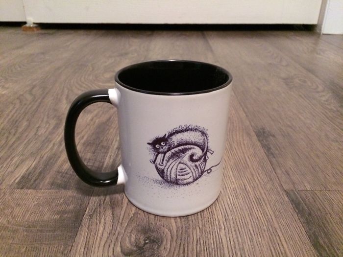 Funny Cat Coffee Mug - Illustration Drawn In All Dots! Stipple Style