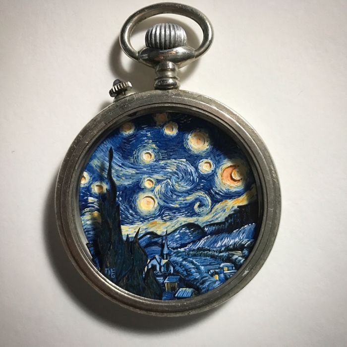 I Created A 'Starry Night' Miniature Painting Inside A Vintage Pocket Watch I Created A 'Starry Night' Miniature Painting Inside A Vintage Pocket Watch