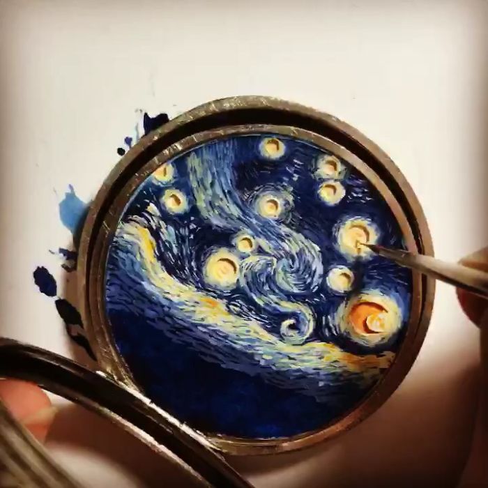 I Created A 'Starry Night' Miniature Painting Inside A Vintage Pocket Watch I Created A 'Starry Night' Miniature Painting Inside A Vintage Pocket Watch