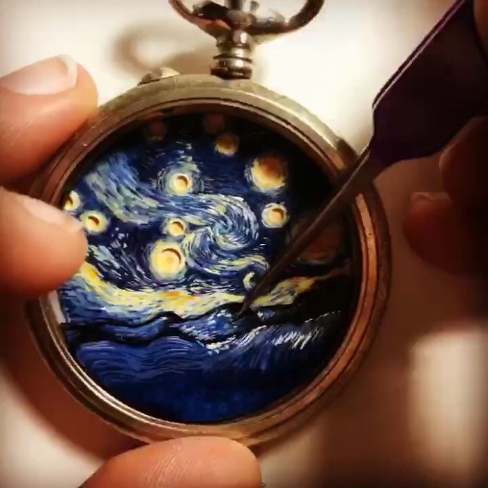 I Created A 'Starry Night' Miniature Painting Inside A Vintage Pocket Watch I Created A 'Starry Night' Miniature Painting Inside A Vintage Pocket Watch