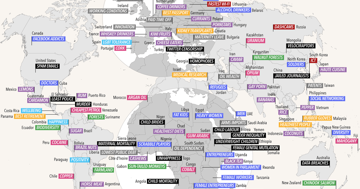 World map highlighting what different countries are best at, including unique cultural, social, and economic traits worldwide.