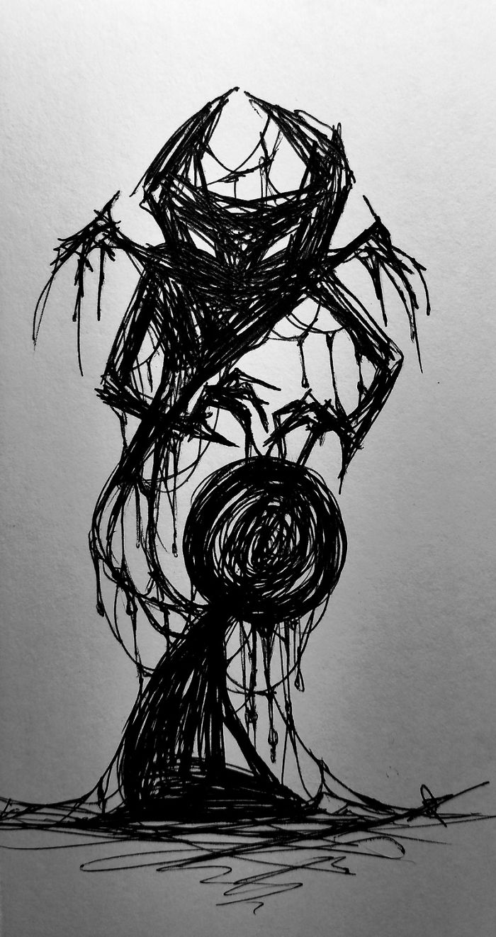 Abstract drawing depicting depression as a tangled, dark figure with web-like elements against a light background.