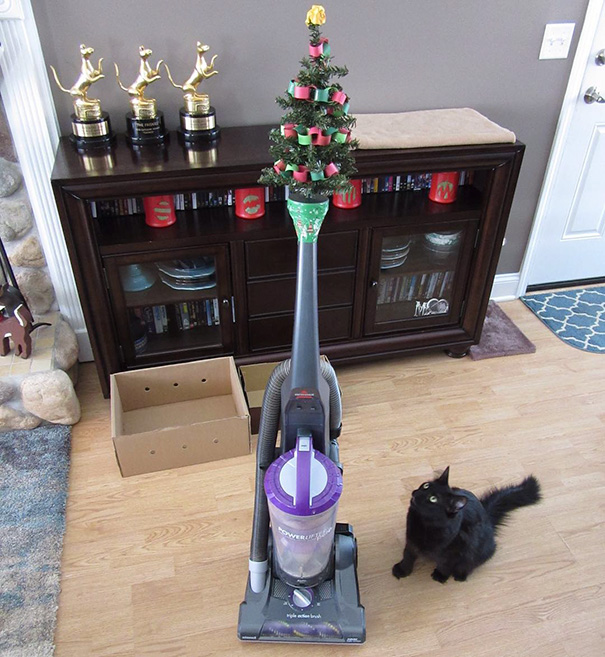 Vacuum cleaner decorated as a Christmas tree to protect it from curious pets.