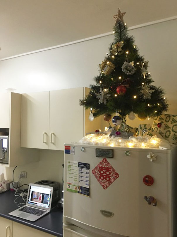 Christmas tree on a fridge to protect from cats and dogs, decorated with lights and ornaments in a kitchen setting.