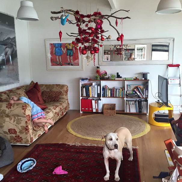 Hanging Christmas tree decoration protects from pets in a living room with a dog and child.