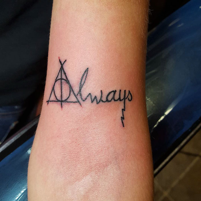 Harry Potter tattoo featuring the word "Always" with the Deathly Hallows symbol.