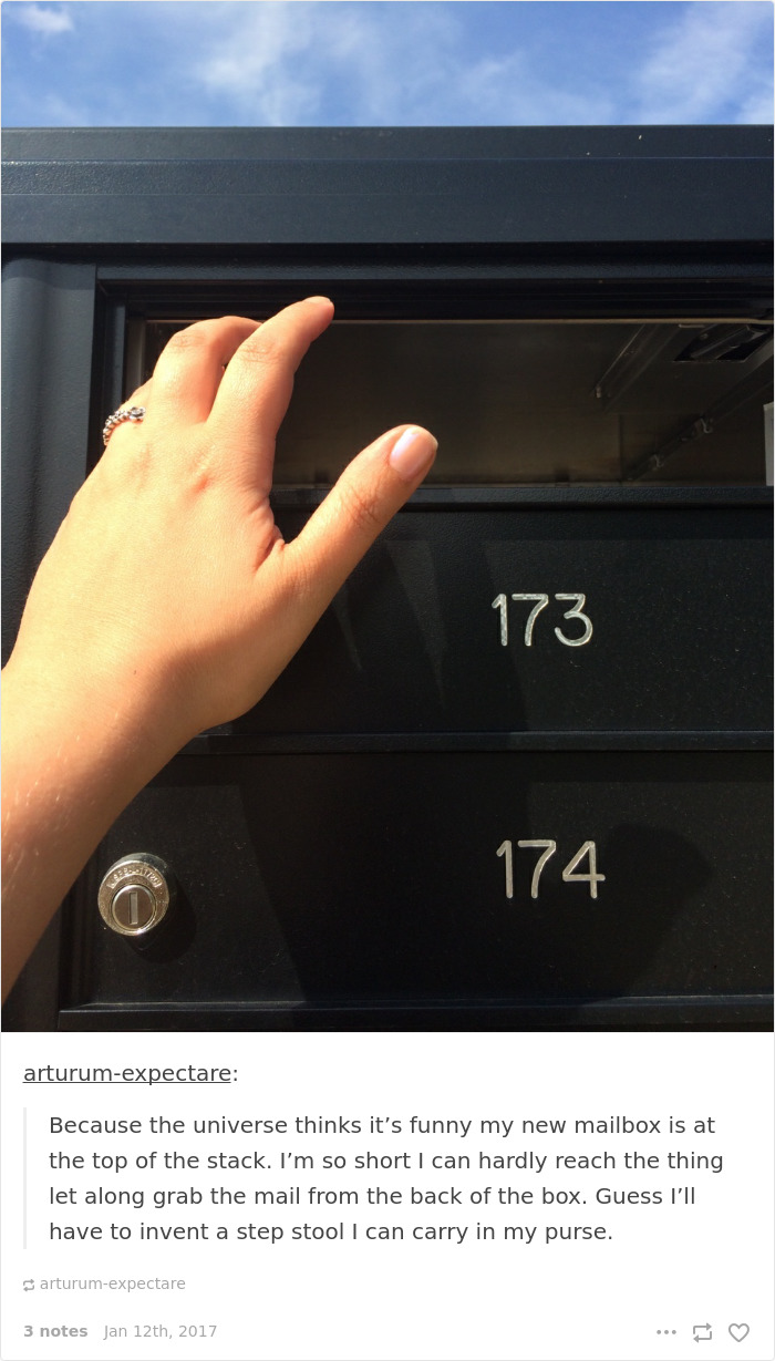 Hand reaching for a high mailbox, illustrating short people problems.