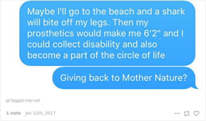 Text conversation humorously addressing short people problems and the idea of giving back to nature.