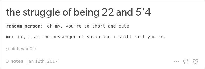 Text humorously addressing short people problems, featuring a comedic response to a comment about height.