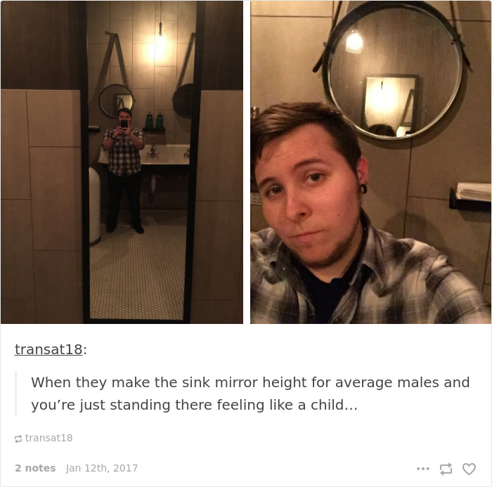 Person unable to see in a high bathroom mirror, highlighting short people problems.