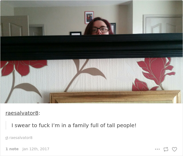 Person peering over a tall mirror, illustrating short people problems in a family of tall individuals.