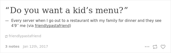 Text about short people being asked if they want a kid's menu at a restaurant.