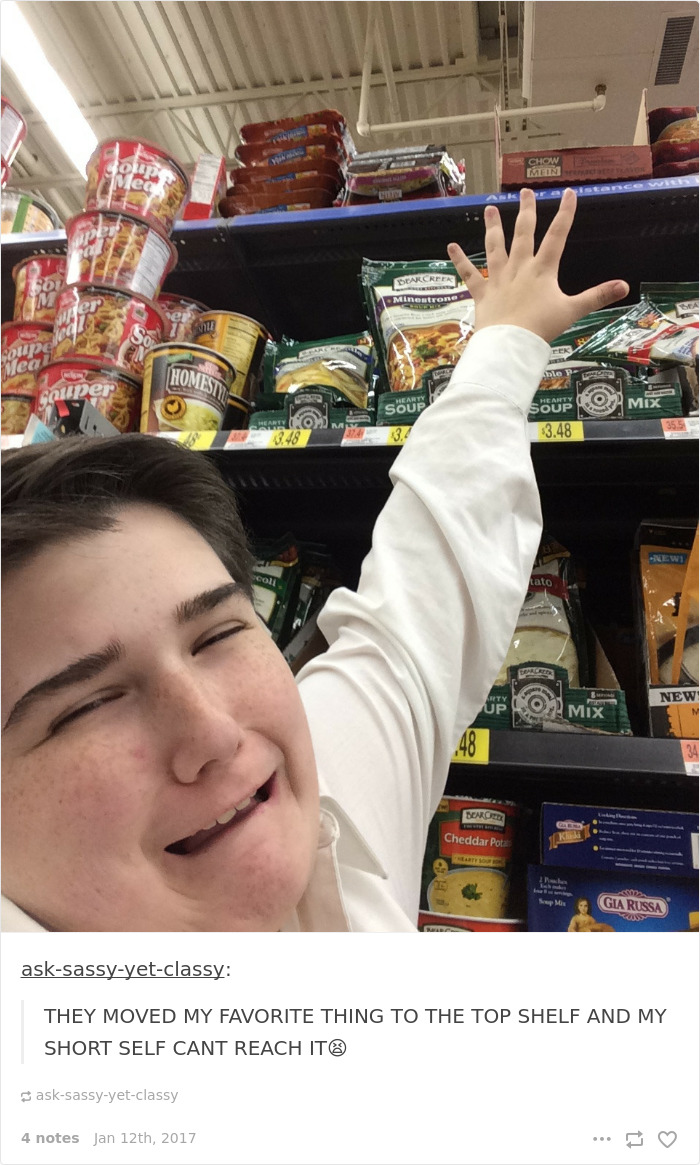 Short person humor: individual struggling to reach top shelf items in grocery store.
