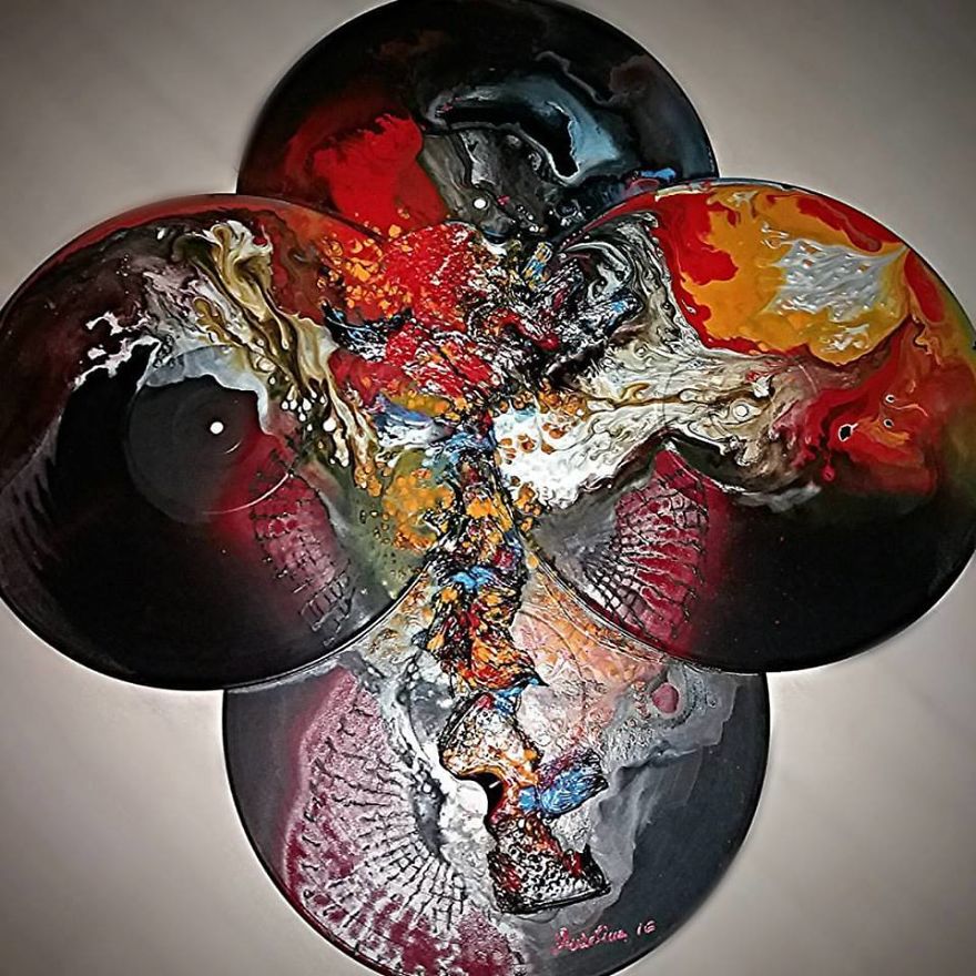 Artist Uses Old, Damaged Records As Canvas To Paint Her Travelogues Artist Uses Old, Damaged Records As Canvas To Paint Her Travelogues