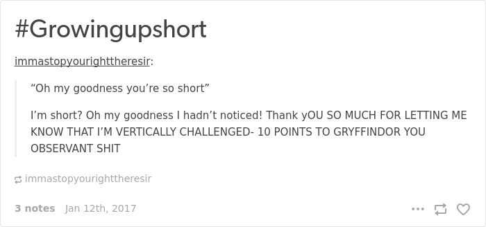 Text post humorously discusses short people problems with a Harry Potter reference.