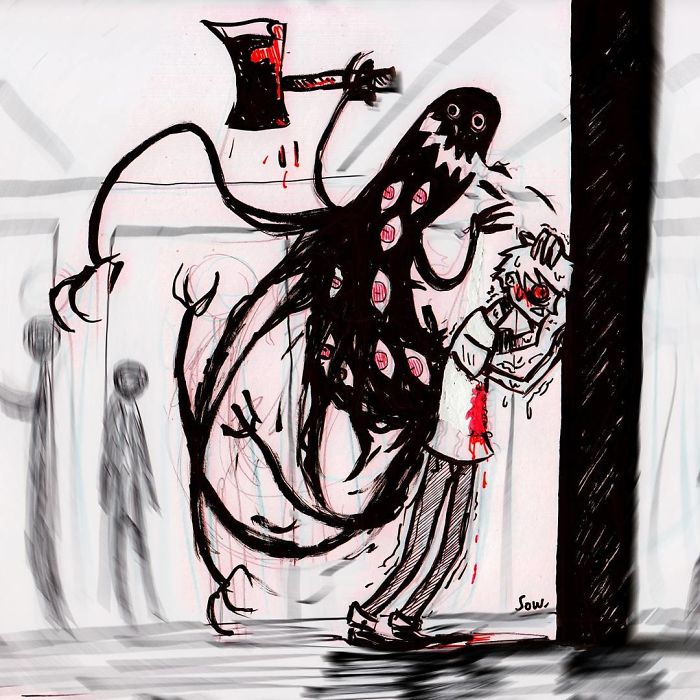 Illustration depicting depression as a shadowy creature attacking a distressed person.