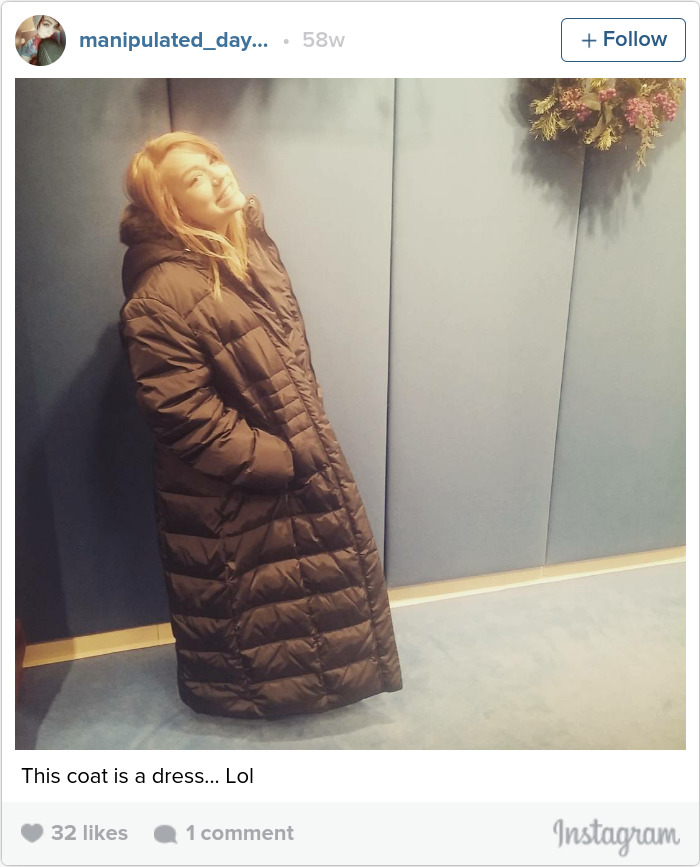 Person wearing a long puffy coat smiles, highlighting short people problems in fashion.