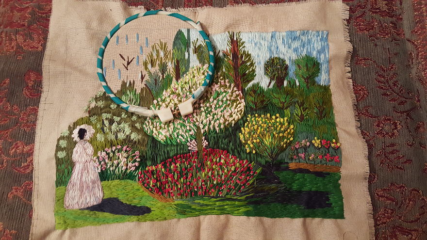 I 'painted' Claude Monet's 'jeanne Marguerite Lecadre In The Garden' Using Needle And Thread
