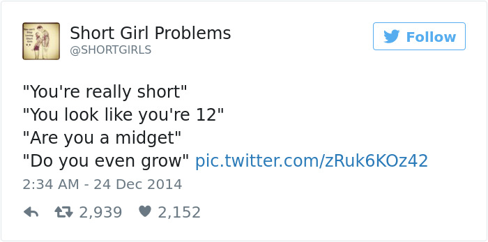 Tweet about short person problems, highlighting common remarks faced by those who can't reach the top shelf.