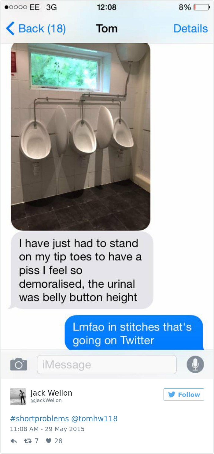 Text exchange about short people problems with a urinal humor photo.