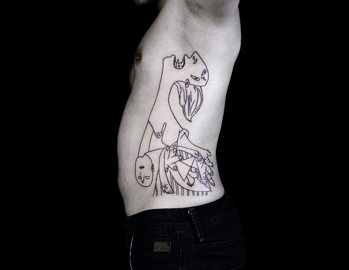 Abstract classical art-inspired tattoo on a person's side, featuring line art with multiple faces and shapes.