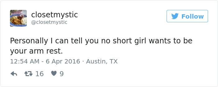 Tweet humorously addressing short people problems, specifically about not wanting to be used as an armrest.