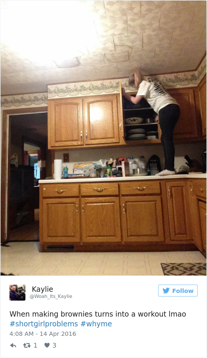 Person standing on a counter to reach a high kitchen shelf, representing short people problems.
