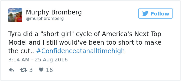 Tweet about short people feeling too short for a modeling show cycle, highlighting confidence issues.